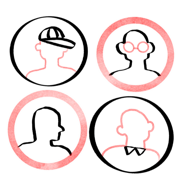 Illustration: quote motif with profile figures and eyeglasses in red outline on black.